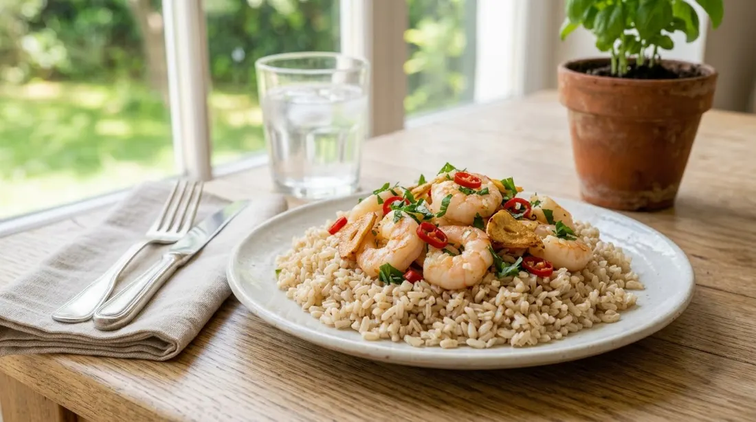 Gambas al ajillo con arroz integral