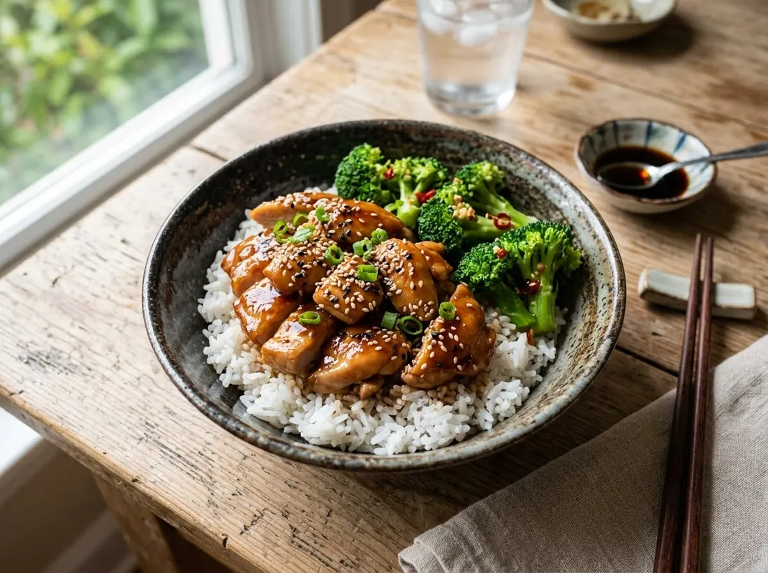 Teriyaki chicken with rice and broccoli