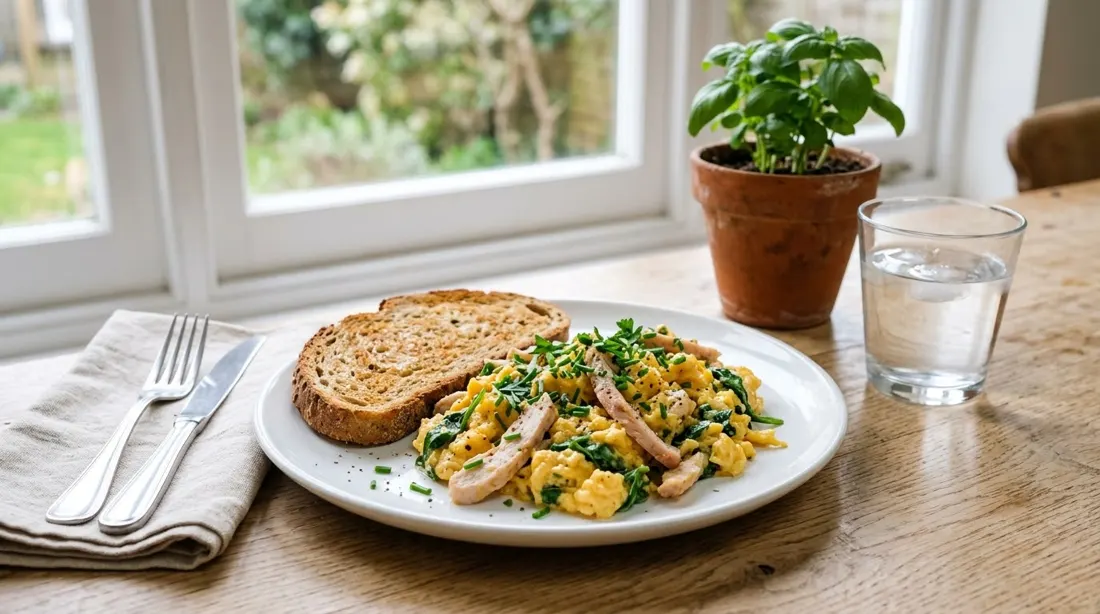 Revuelto de huevos con pavo y espinacas