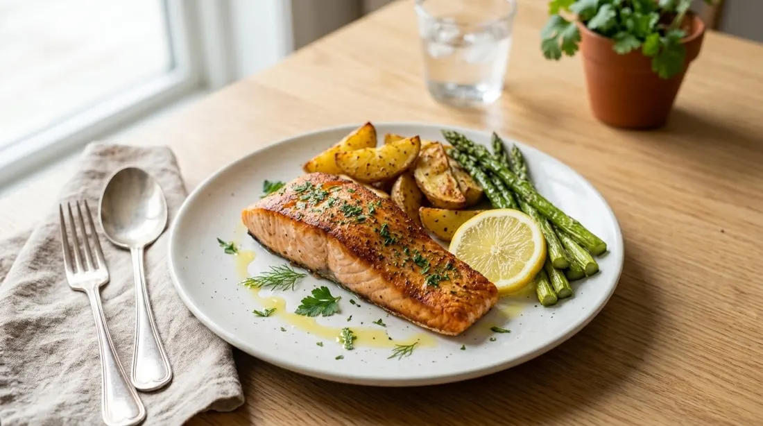 Salmón al horno con patata y espárragos